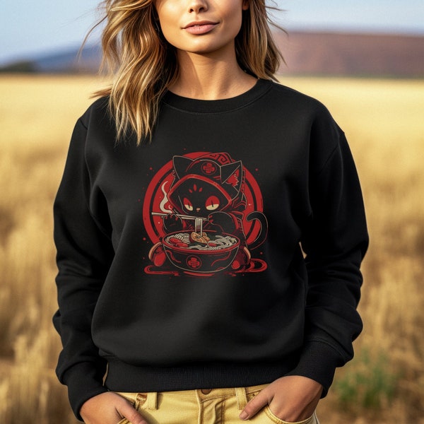 Sweat-shirt chat animé | Joli haut en forme de chaton manga mangeant des ramen | Cadeau pour amoureux des chats | Ensemble pour éventail de bols ramen | Haut pour amoureux des animaux | Sweat-shirt pour gourmets