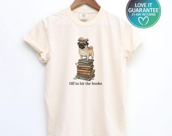 Maglietta divertente per amanti dei libri con carlino / Maglietta "Via per i libri" / Regalo carino per mamme di cani, lettori e studenti / Maglietta divertente per bibliotecari