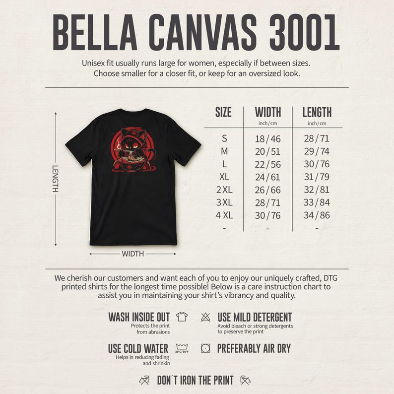 May include: Black Bella Canvas 3001 t-shirt with a red graphic of a cat wearing a hat and smoking a pipe. The shirt's size chart shows widths from 18 inches to 30 inches and lengths from 28 inches to 34 inches.