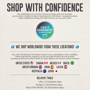 May include: Image with the text "SHOP WITH CONFIDENCE" at the top. Below, it states a satisfaction guarantee with 21-day returns. The image lists worldwide shipping locations, including the United States, and delivery times.