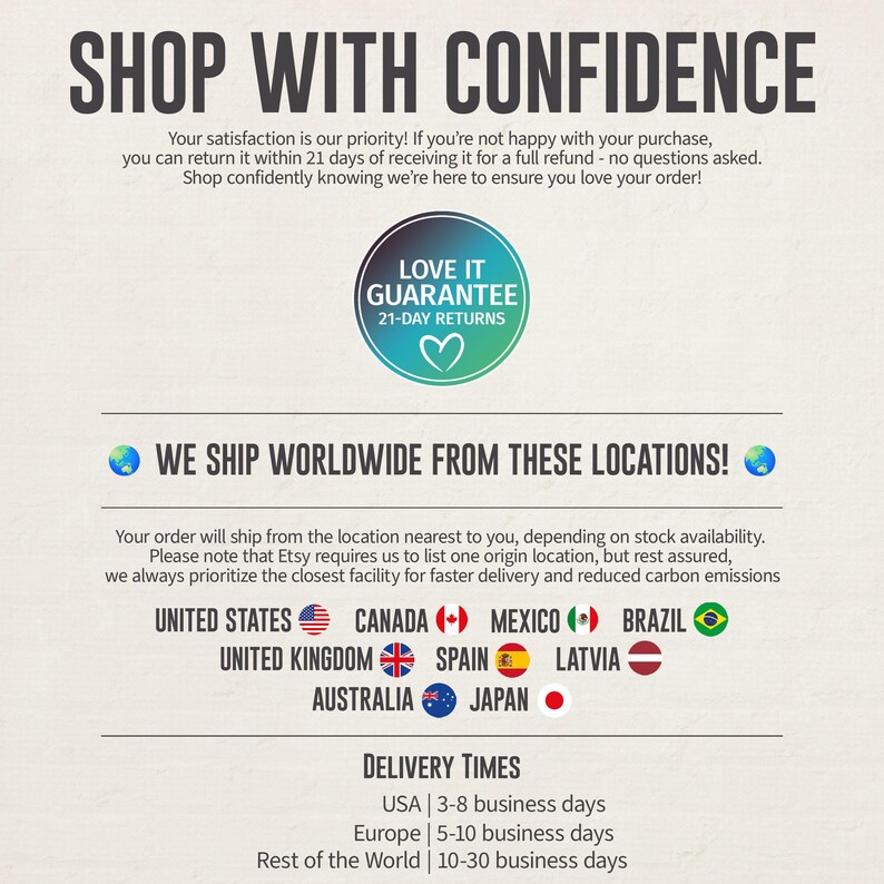 May include: Image with the text "SHOP WITH CONFIDENCE" at the top. Below, it states a satisfaction guarantee with 21-day returns. The image lists worldwide shipping locations, including the United States, and delivery times.