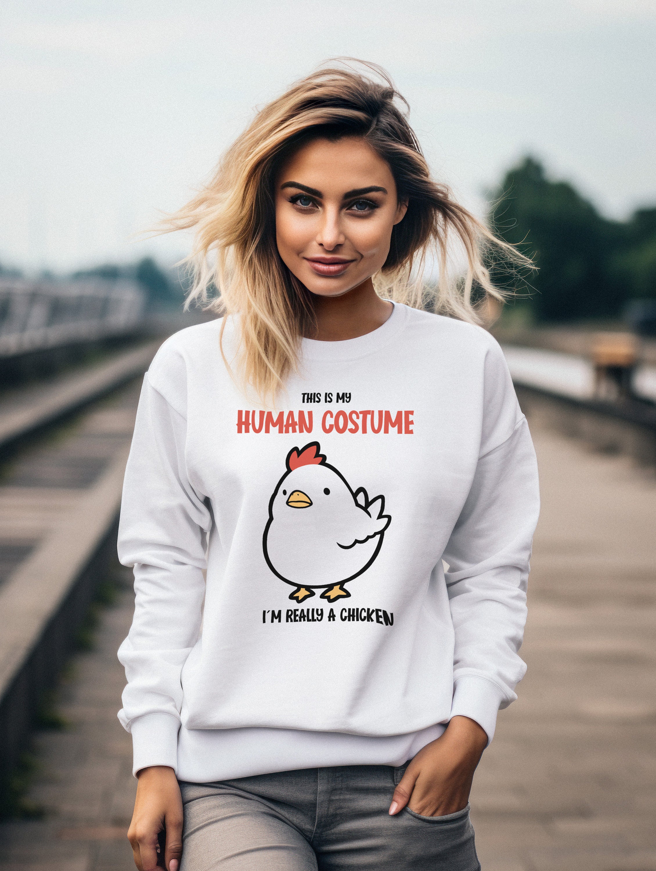 Discover Cute Chicken Halloween T-Shirt | This is My Human Costume | Quirky Farm Animal Lovers Shirt | Chicken Lady Gift Idea | Unisex Crewneck