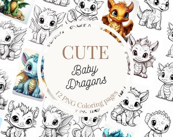 12 Cute Baby Dragons Coloring Pages * Instant download * Printable Coloring Pages * Coloring Pages for Kids * Coloring PNG