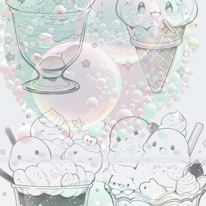 May include: Three cartoon ice cream sundaes with pastel colors and whimsical designs. Each sundae has a different shape and features cute faces. The sundaes are surrounded by pastel pink, blue, and green bubbles.