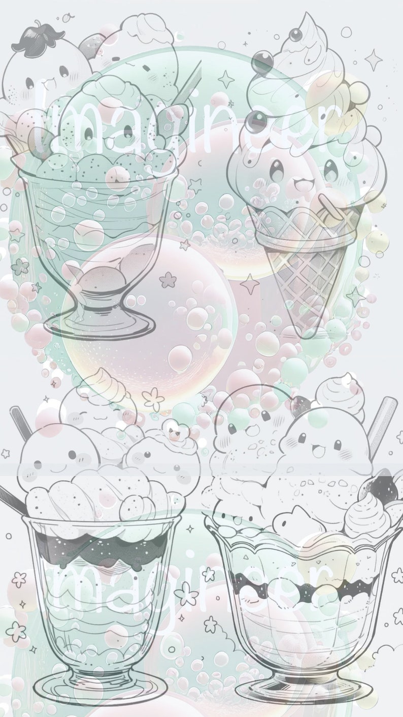 May include: Three cartoon ice cream sundaes with pastel colors and whimsical designs. Each sundae has a different shape and features cute faces. The sundaes are surrounded by pastel pink, blue, and green bubbles.
