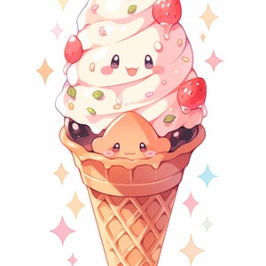 May include: A cartoon ice cream cone with a smiling face, topped with whipped cream, sprinkles, and strawberries. The cone is sitting on a white plate.