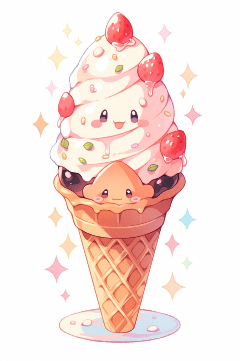 May include: A cartoon ice cream cone with a smiling face, topped with whipped cream, sprinkles, and strawberries. The cone is sitting on a white plate.