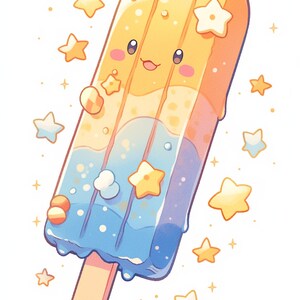 May include: A cartoon popsicle with a smiling face, layered with yellow, blue, and white ice cream. The popsicle is decorated with small stars and has a wooden stick.
