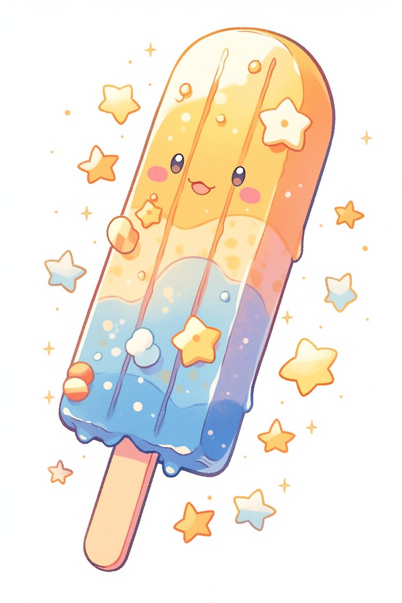 May include: A cartoon popsicle with a smiling face, layered with yellow, blue, and white ice cream. The popsicle is decorated with small stars and has a wooden stick.