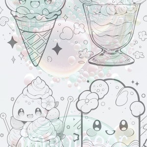 May include: A set of four cute cartoon ice cream illustrations. The ice cream cones are decorated with flowers and stars. The ice cream is in a variety of shapes, including a scoop, a popsicle, and a sundae.
