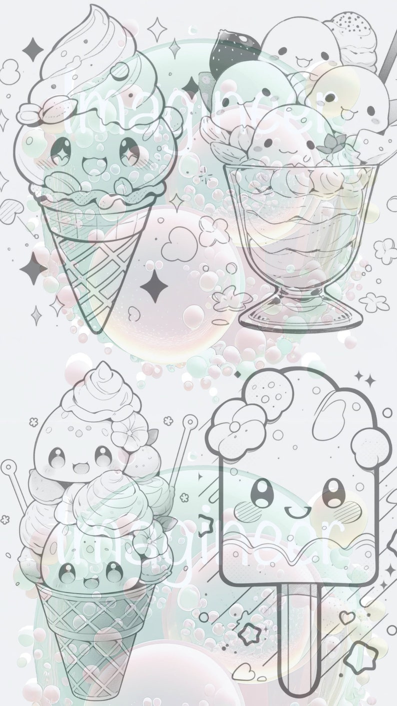 May include: A set of four cute cartoon ice cream illustrations. The ice cream cones are decorated with flowers and stars. The ice cream is in a variety of shapes, including a scoop, a popsicle, and a sundae.