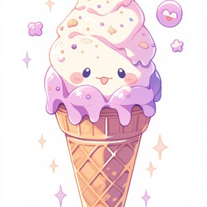 May include: A cartoon ice cream cone with a white and purple swirl of ice cream, topped with sprinkles and stars. The ice cream has a cute face with a pink blush and a big smile.