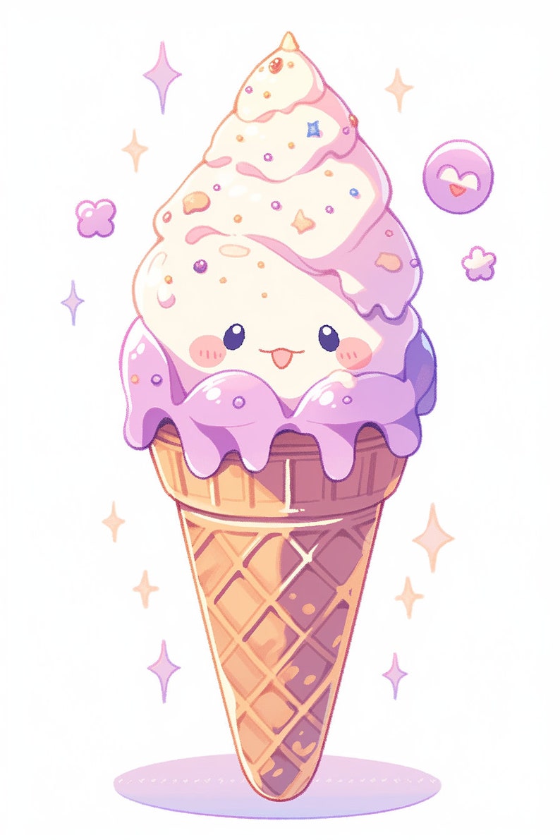 May include: A cartoon ice cream cone with a white and purple swirl of ice cream, topped with sprinkles and stars. The ice cream has a cute face with a pink blush and a big smile.