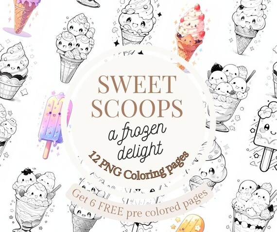12 Cute Sweet Ice Cream Coloring Pages * Instant downloud * Printable Coloring Pages * Coloring Pages for Kids * Coloring PNG