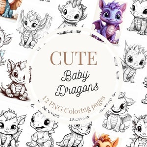 12 Cute Baby Dragons Coloring Pages * Instant download * Printable Coloring Pages * Coloring Pages for Kids * Coloring PNG