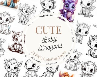 12 Cute Baby Dragons Coloring Pages * Instant download * Printable Coloring Pages * Coloring Pages for Kids * Coloring PNG