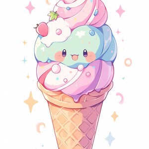 May include: A cartoon ice cream cone with a smiling face. The cone is filled with three scoops of ice cream: pink, green, and blue. The ice cream is topped with a strawberry, whipped cream, and sprinkles. The cone is sitting on a rainbow.