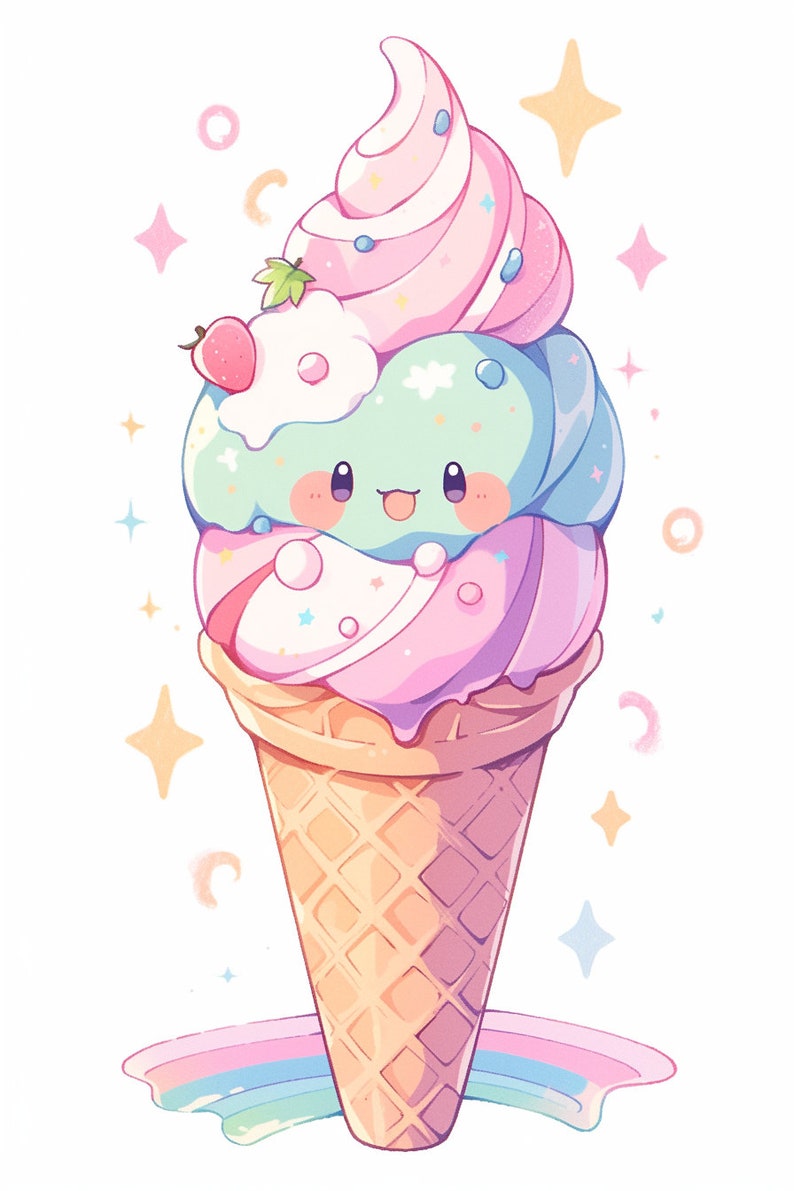 May include: A cartoon ice cream cone with a smiling face. The cone is filled with three scoops of ice cream: pink, green, and blue. The ice cream is topped with a strawberry, whipped cream, and sprinkles. The cone is sitting on a rainbow.