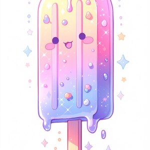 May include: A colorful popsicle with a happy face, dripping with melted ice cream. The popsicle is decorated with sprinkles and stars.