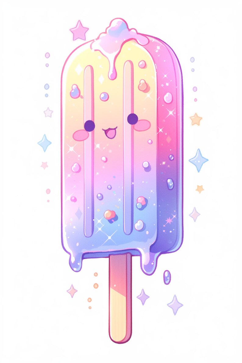 May include: A colorful popsicle with a happy face, dripping with melted ice cream. The popsicle is decorated with sprinkles and stars.
