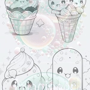 May include: A digital illustration of three ice cream cones with cute faces. The ice cream cones are decorated with swirls, sprinkles, and hearts. The background is a light blue with white and pink bubbles.