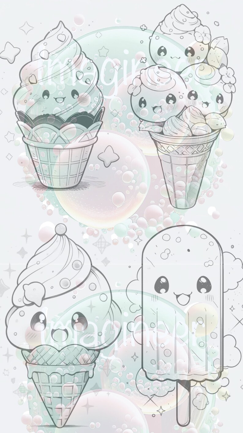 May include: A digital illustration of three ice cream cones with cute faces. The ice cream cones are decorated with swirls, sprinkles, and hearts. The background is a light blue with white and pink bubbles.