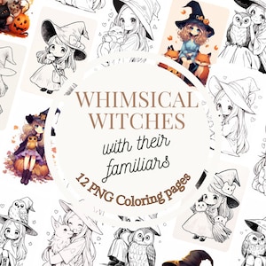 12 Whimsical Witches with there familiars Coloring Pages * Instant download * Printable Coloring Pages * Coloring PNG