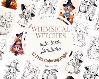 12 Whimsical Witches with there familiars Coloring Pages * Instant download * Printable Coloring Pages * Coloring PNG