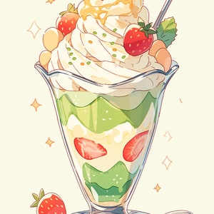 May include: A tall glass parfait with layers of green matcha jelly, whipped cream, strawberries, and mochi balls. The parfait is topped with a dollop of whipped cream and a drizzle of honey. It is served on a white plate with a spoon.