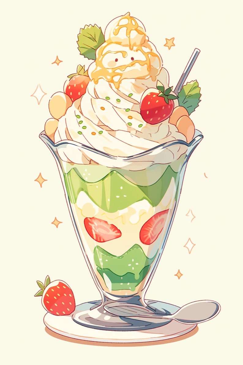 May include: A tall glass parfait with layers of green matcha jelly, whipped cream, strawberries, and mochi balls. The parfait is topped with a dollop of whipped cream and a drizzle of honey. It is served on a white plate with a spoon.
