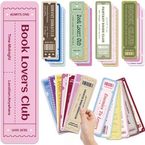 Op de afbeelding: Een verzameling kleurrijke papieren bladwijzers met verschillende ontwerpen en tekst. De bladwijzers bevatten zinnen als "Book Lovers Club", "Romance Books Club" en "Enemies To Lovers". Het kleurenpalet omvat roze, groen, blauw en geel.