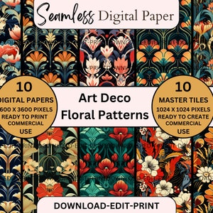 May include: A set of 10 digital papers and 10 master tiles featuring Art Deco floral patterns. The patterns are in shades of red, orange, yellow, green, and blue on a black background. The text "Art Deco Floral Patterns" is displayed in the center of the image.