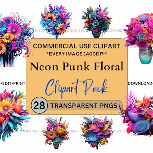 Neon Goth Punk Floral Clipart Bundle Kommerzielle Nutzung Transparente PNG Hochzeit Geburtstag Botanische Einladen Karten Blumen Aquarell Sublimation