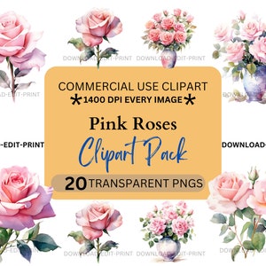 Pink Rose Floral Clipart Bundle Commercial Use Transparent PNG Wedding Birthday Botanical Invites Cards Flowers Watercolor Sublimation