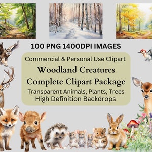 Clipart aquarelle à usage commercial, animaux de la forêt, créatures de la forêt PNG Transparent renard ours cerf hérisson chambre d'enfant retour à l'école image de bébé