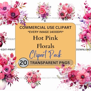 Paquete de imágenes prediseñadas florales de color rosa caliente uso comercial transparente PNG boda cumpleaños botánico invita tarjetas flores acuarela sublimación brillante
