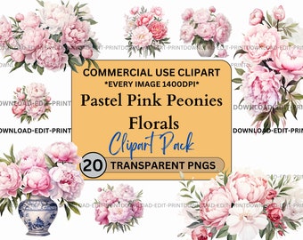 Ensemble de cliparts floraux pivoines roses pastel à usage commercial, anniversaire de mariage transparent, invitations botaniques, sublimation aquarelle de fleurs