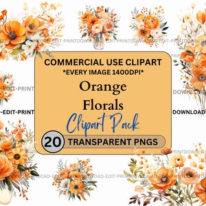 Orange Blumen Boho Clipart Bundle Kommerzielle Nutzung Transparente PNG Hochzeit Geburtstag Botanische Lädt Karten Blumen Aquarell Sublimation ein