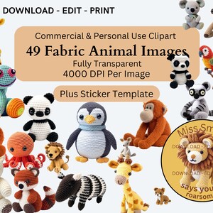 Fabric Animal Amigurumi PNG Clipart, Commercial Use, Transparent, Safari, Zoo, Nursery, School Kids Bedroom Book Illustration Back To School