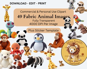 May include: A collection of 49 fabric animal images, including a giraffe, panda, penguin, and lion. The image also includes text that says "Commercial & Personal Use Clipart" and "Plus Sticker Template". The images are fully transparent and 4000 DPI.