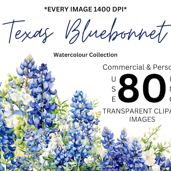 Texas Bluebonnet Floral Clipart Spring Graphics Transparent PNG Art Wedding Birthday Bluebell Invites Cards Flowers Watercolor Sublimation