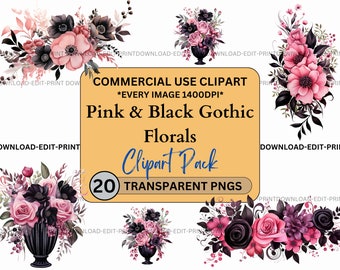 Black & Pink Gothic Floral Clipart Bundle Commercial Use Transparent PNG Wedding Birthday Botanical Invites Flowers Watercolor Sublimation