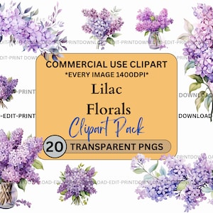 Lilac Floral Clipart Bundle Commercial Use Transparent PNG Wedding Birthday Botanical Invites Cards Flowers Watercolor Sublimation Syringa