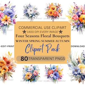 Vier seizoenen bloemen clipartbundel, licentie voor commercieel gebruik, transparante png, winter, lente, zomer, herfst aquarelboeket, herfst-DPI