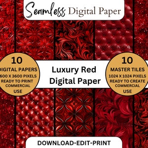 Modelli di carta digitale rossa di lusso Pacchetto di carta digitale rossa senza soluzione di continuità Uso commerciale File PNG Inviti per matrimoni e compleanni Biglietti Glitter