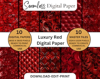 Luxury Red Digital Paper Patterns Seamless Red Digital Paper Pack Bundle Commercial Use PNG File Wedding Birthday Invites Cards Glitter
