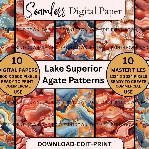 Lake Superior Agate Themed Pattern Seamless Digital Paper Pack Bundle Art Print Commercial Use PNG File Wedding Birthday Invite Card Papers