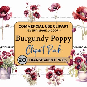 Burgundy Poppy Floral Clipart Bundle Commercial Use Transparent PNG Wedding Birthday Botanical Invites Cards Flowers Watercolor Sublimation
