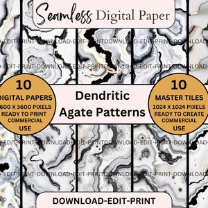 May include: Ten digital papers featuring dendritic agate patterns in black, white, and gold. Each paper is 3600 x 3600 pixels and ready to print for commercial use. The text "Download-Edit-Print" appears at the bottom of the image.