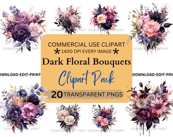 Dunkel Stimmungsvoll Blumen Clipart Bündel Kommerzielle Nutzung Transparente PNG Hochzeit Geburtstag Botanische Lädt Karten Blumen Aquarell Goth Sublimation ein